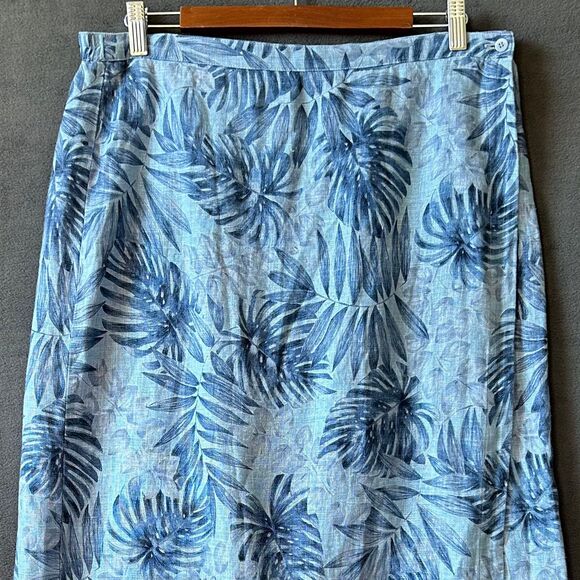 Jones New York Linen Wrap Skirt Blue Leaf Print Long Midi Women's Size 14 - Picture 1 of 8